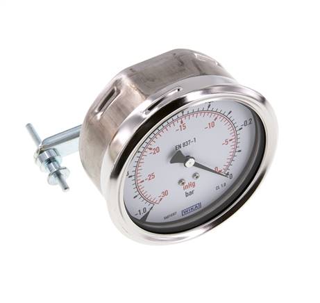 -1..0 Bar (-15..0 psi) Panel Mount Pressure Gauge Steel/Brass 100 mm Class 1.0 (Bracket)