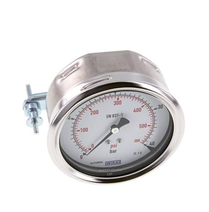 0...40 Bar (0..580 psi) Paneelmontage Manometer Staal/Brons 100 mm Klasse 1.0 (Beugel)