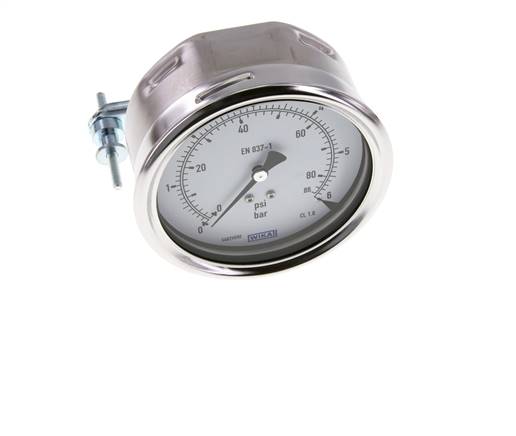 0...6 Bar (0..87 psi) Paneelmontage Manometer Staal/Brons 100 mm Klasse 1.0 (Beugel)