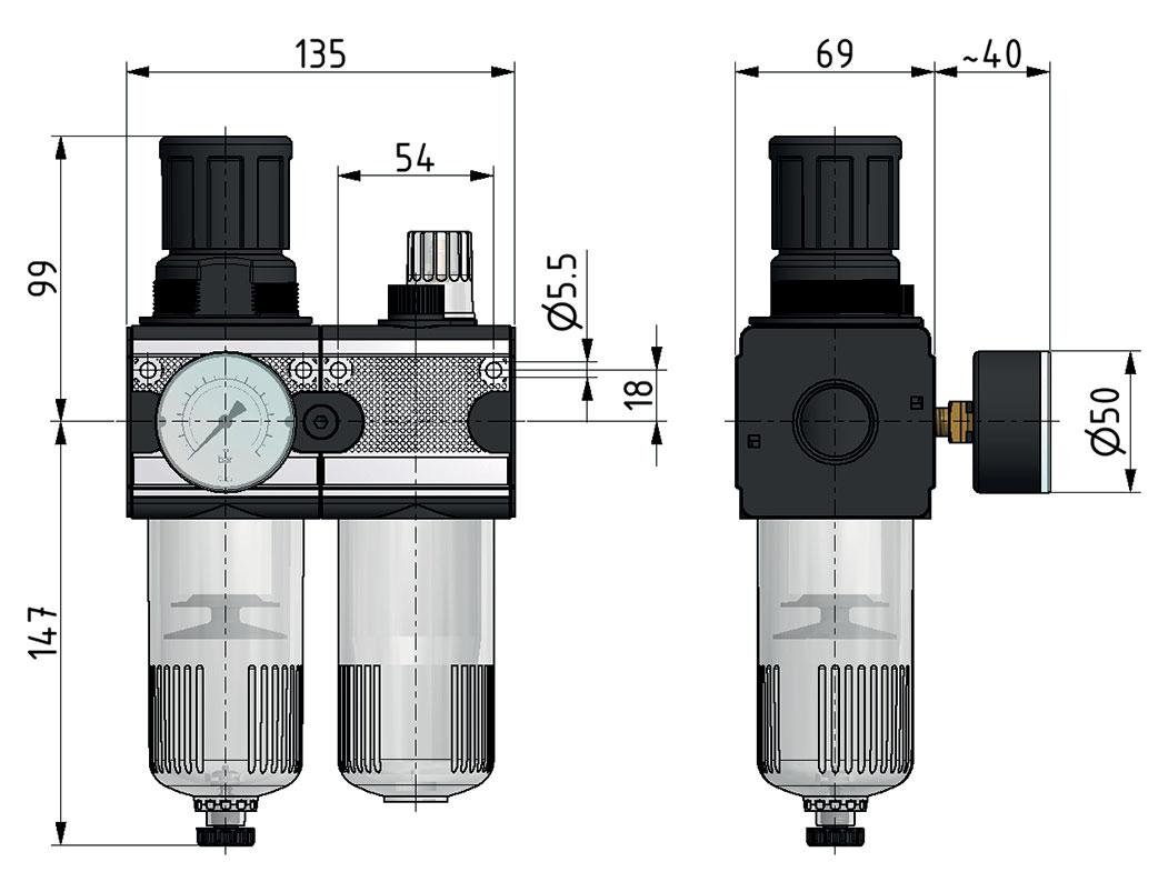 FRL 2-Delig G3/4'' 5800l/min 0.5-10.0bar/7-145psi Auto Metal Multifix 2