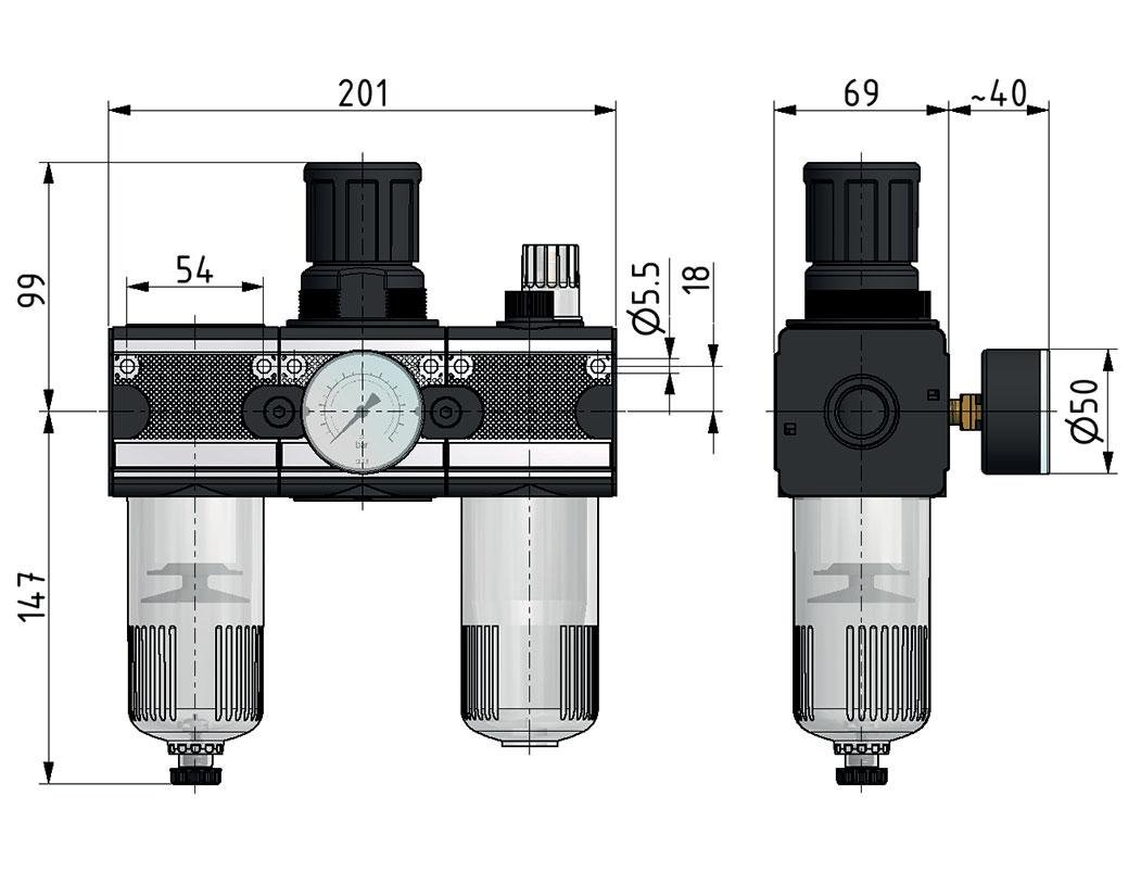 FRL 3-Delig G1/2'' 5800l/min 0.5-10.0bar/7-145psi Auto Polycarbonaat Multifix 2
