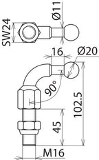 Haakse vaste kogelpunt D20mm met draadstift M16x45m - 707645