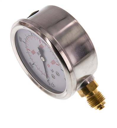 0..1000 Bar Glycerine Manometer RVS/Messing 63 mm Klasse 1.6 Onderaansluiting