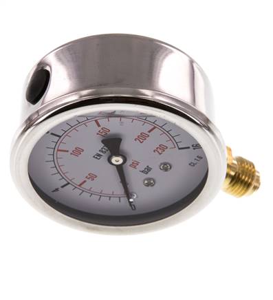 0..16 Bar Glycerine Manometer RVS/Messing 63 mm Klasse 1.6 Onderaansluiting
