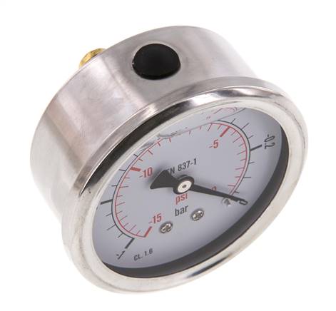 1..0 Bar Glycerine Manometer Achteraansluiting RVS/Messing 63 mm Klasse 1.6