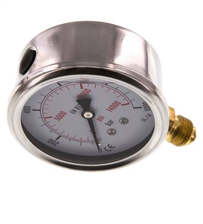 0..1000 Bar Glycerine Manometer RVS/Messing 63 mm Klasse 1.6 Onderaansluiting