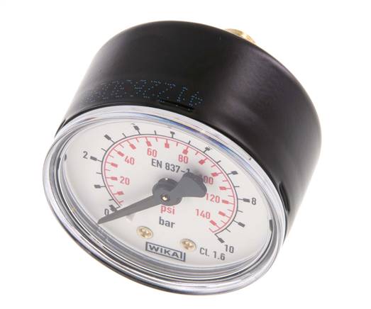 0..10 Bar Manometer Achteraansluiting Staal/Messing 50 mm Klasse 1.6