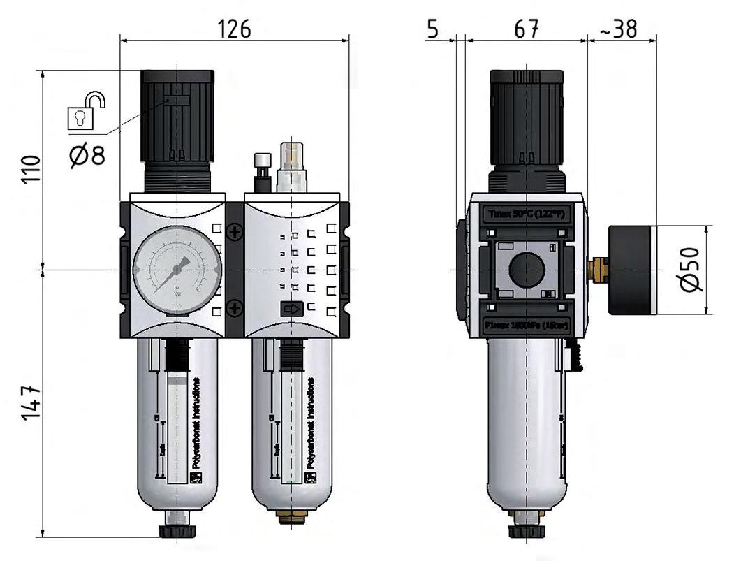 FRL 2-Delig G3/8'' 3500l/min 0.2-4.0bar/3-58psi Semi-Auto Metalen Futura 2