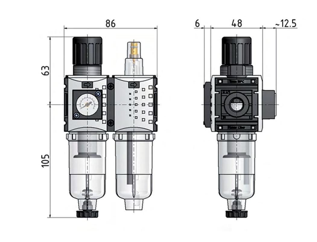FRL 2-Delig G1/4'' 800l/min 0.2-4.0bar/3-58psi Semi-Auto 40 mm Manometer Polycarbonaat Futura 0