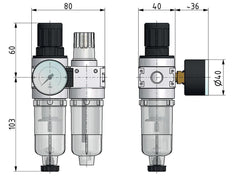 FRL 2-Delig G1/4'' 700l/min 0.5-10.0bar/7-145psi Semi-Auto 40 mm Manometer Metaal Multifix 0