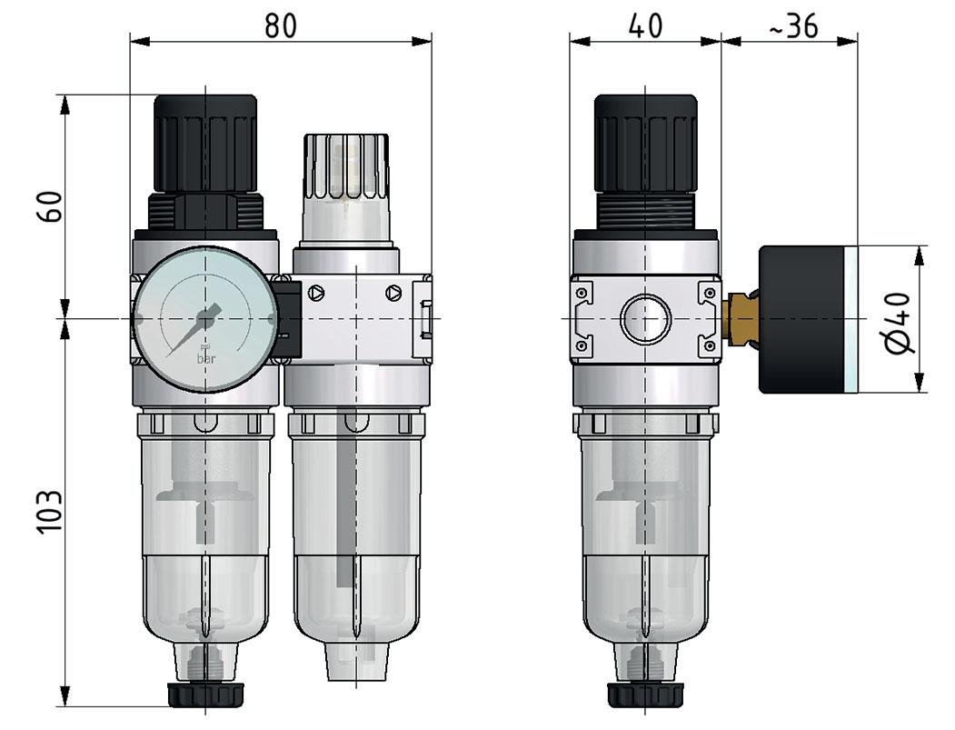 FRL 2-Delig G1/8'' 700l/min 0.5-10.0bar/7-145psi Semi-Auto 40 mm Manometer Polycarbonaat Multifix 0