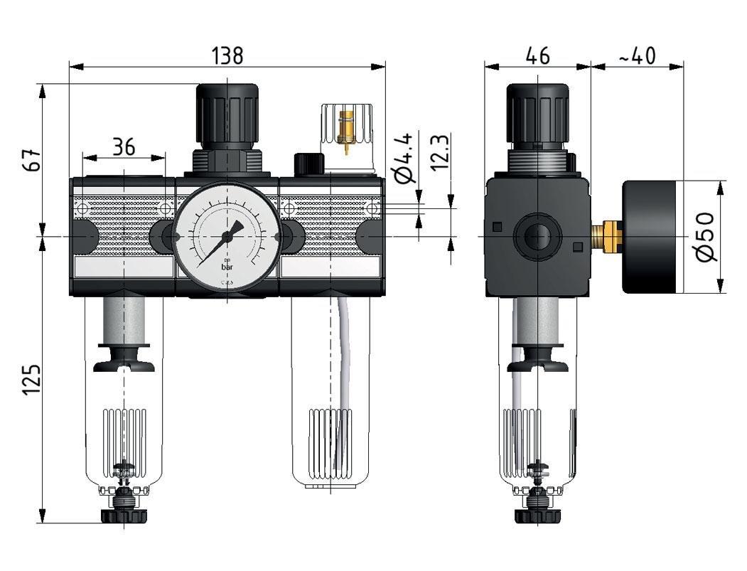 FRL 3-Delig G1/4'' 1200l/min 0.5-10.0bar/7-145psi Auto Metal Multifix 1