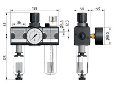 FRL 3-Delig G1/4'' 1200l/min 0.1-3.0bar/1-44psi Semi-Auto Metal Multifix 1