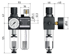 FRL 2-Delig G1/4'' 1200l/min 0.1-3.0bar/1-44psi Semi-Auto Metal Multifix 1