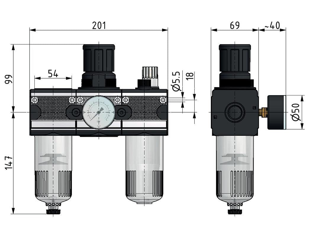 FRL 3-Delig G3/4'' 5800l/min 0.1-3.0bar/1-44psi Semi-Automatisch Polycarbonaat Multifix 2