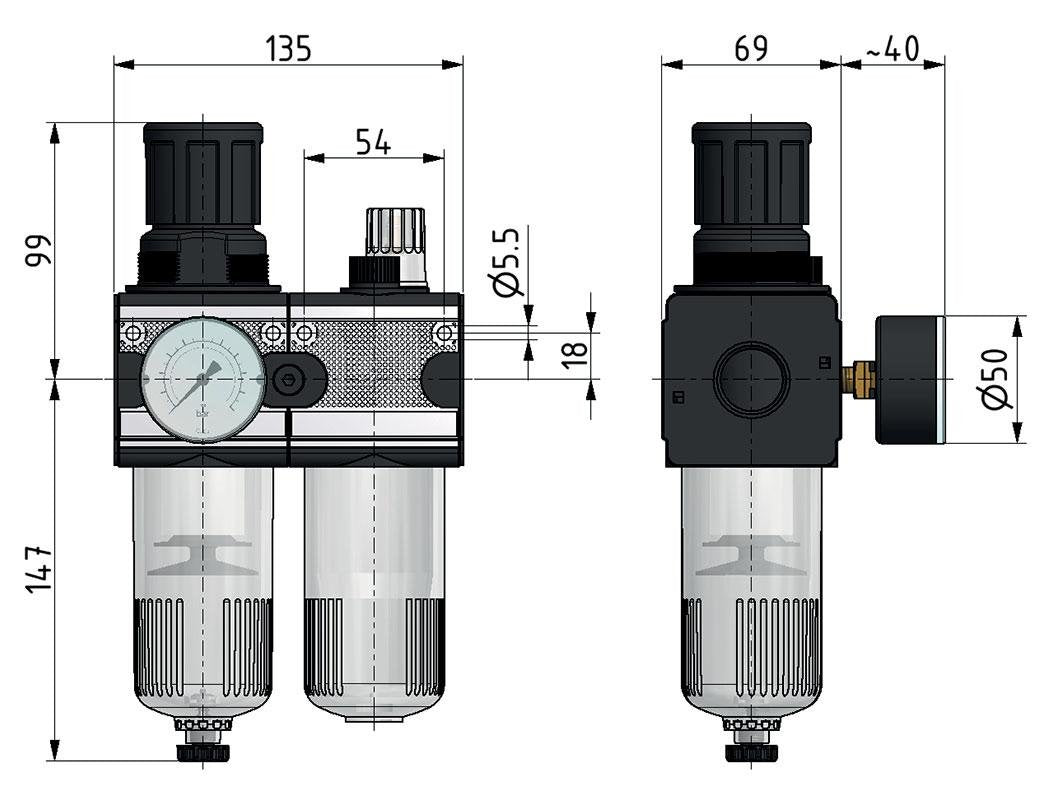 FRL 2-Delig G1/2'' 5800l/min 0.1-3.0bar/1-44psi Auto (Gesloten Zonder Druk) Polycarbonaat Multifix 2