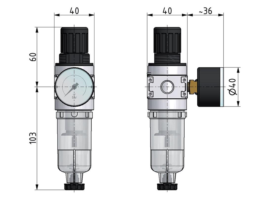 Filter-Regelaar G1/4'' 1450l/min 0,5-10,0bar/7-145psi 40 mm Manometer Multifix 0