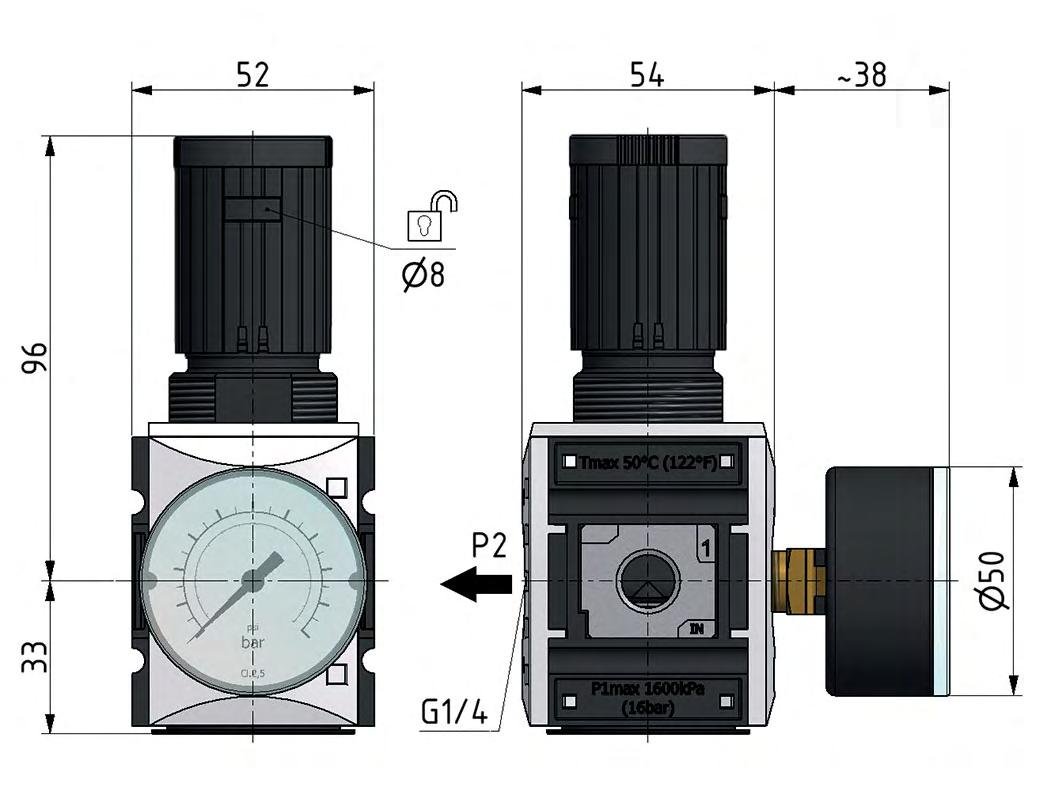 Drukregelaar voor Manifold Assemblage G1/4'' 2000l/min 0.1-2.0bar/1-29psi PA Futura 1