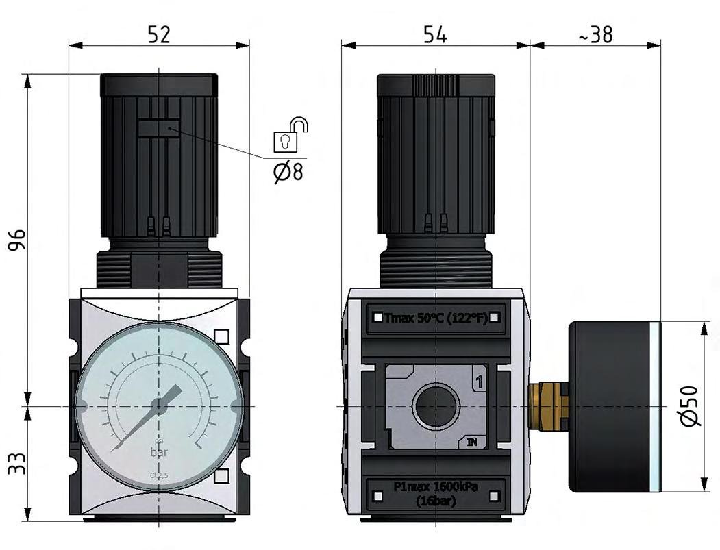 Nauwkeurige Drukregelaar voor Manifold Assemblage G1/4''&3/8'' 2500l/min 0.5-10.0bar/7-145psi PA Futura 1