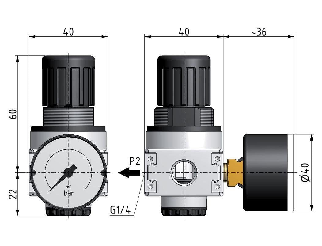 Drukregelaar voor Manifold Assemblage G1/4'' 1450l/min 0.1-3.0bar/1-44psi Zink Spuitgietwerk 40 mm Manometer Multifix 0