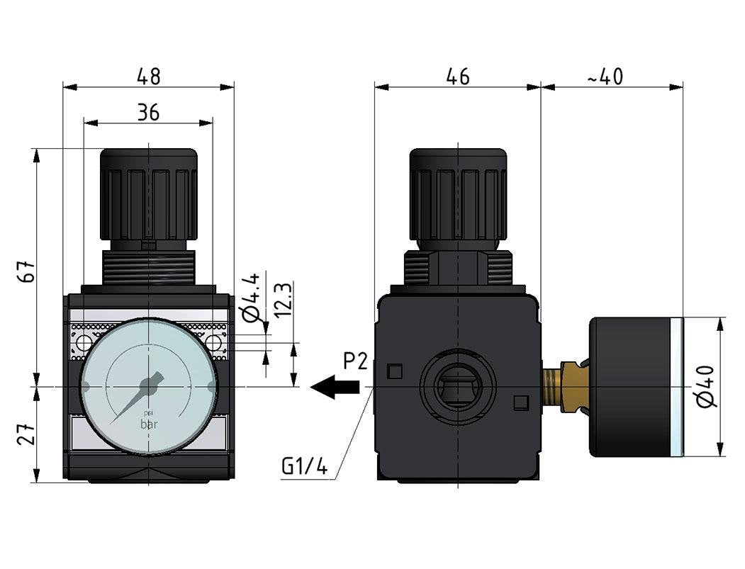Drukregelaar voor Manifold Assemblage G1/4'' 2250l/min 0.2-6.0bar/3-87psi Zink Spuitgiet 40 mm Manometer Cilinderslot Multifix 1