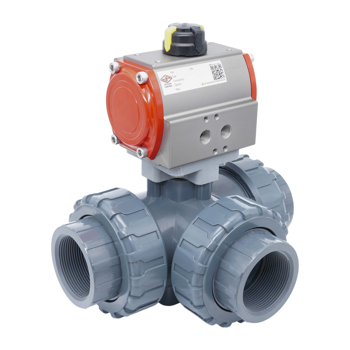 3-Weg Pneumatische Kogelkraan 63 mm T-Boring PVC Dubbelwerkend
