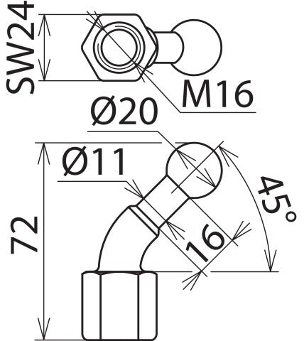 Vaste kogelpunt D 20mm schuin 45 graden met M16 binnendraad - 706600