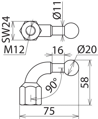 Vaste balpen 20 mm schuin met M12 binnendraad - 707200