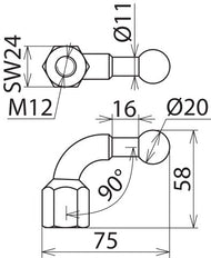 Vaste balpen 20 mm schuin met M12 binnendraad - 707200