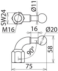 Dehn schuine vaste balpen 20 mm met M16 binnendraad - 707600