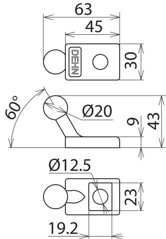 Haakse vaste kogelpunt D20mm met kabelschoen 45x30x9mm - 706300
