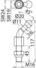 Dehn vaste kogelpunt D20mm schuin 45 graden met draadstift M16x45m - 706645