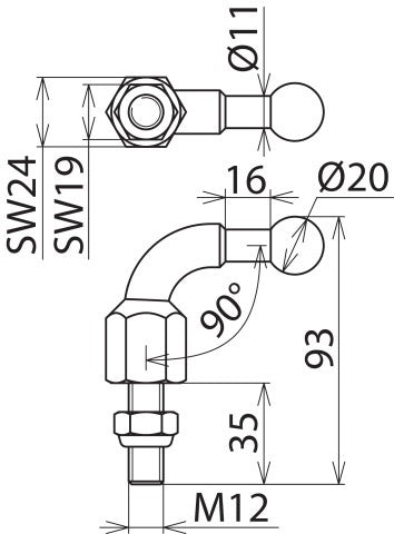 Dehn vaste kogelpunt D 20mm schuin met draadstift M12x35m - 707235