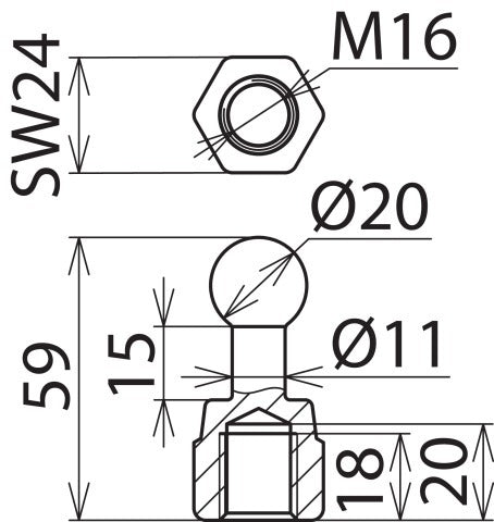 Vaste kogelpunt 20 mm recht met M16 binnendraad - 754600