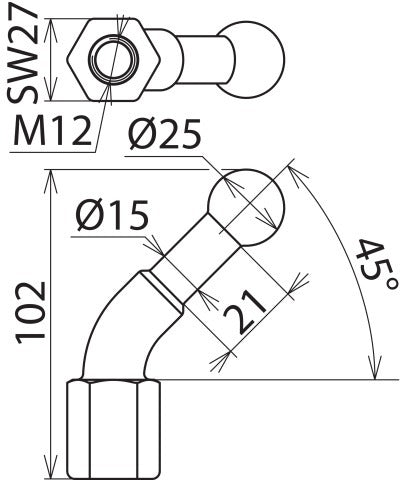 Haakse, vaste kogelpen D25mm met M12 binnendraad - 756200