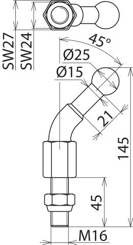 Vaste kogelpunt D=25mm 45 graden schuin met schroefdraadbout M16x4 - 756645