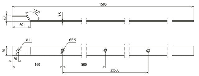 Dehn Af Stainless Steel Angled Terminal Lug 30x3.5mm L 1500mm Bore 11mm - 860315