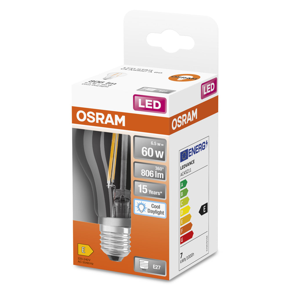 OSRAM LED Classic A60 6.5W E27 6500K Glazen Filamentlamp - 4058075466036 [2 Stuks]