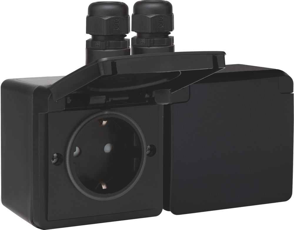 Niko Hydro Dubbele Horizontale IP44 Stopcontact Zwart 16A 250V - 761-37838
