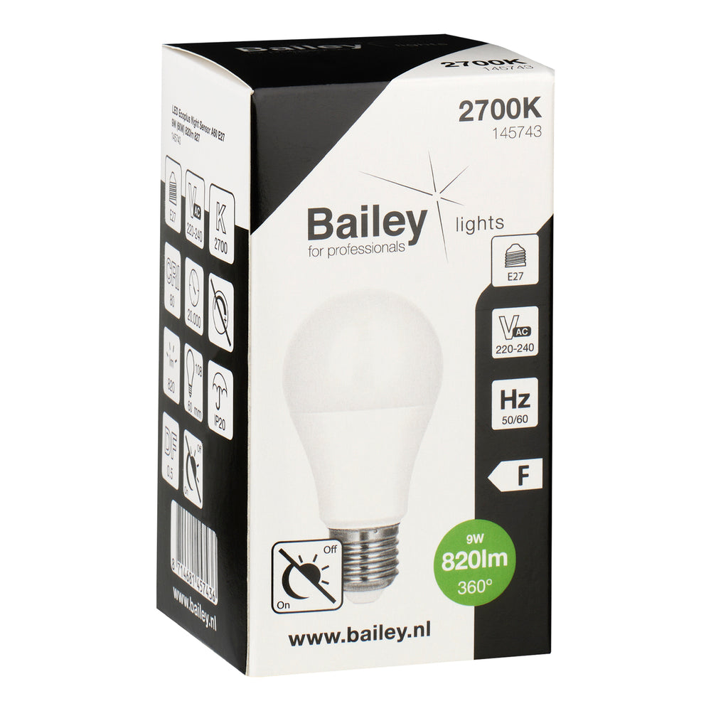 Bailey Led A60 E27 Nacht Sensor Lamp 9W 820lm 2700K - 145743 [2 Stuks]