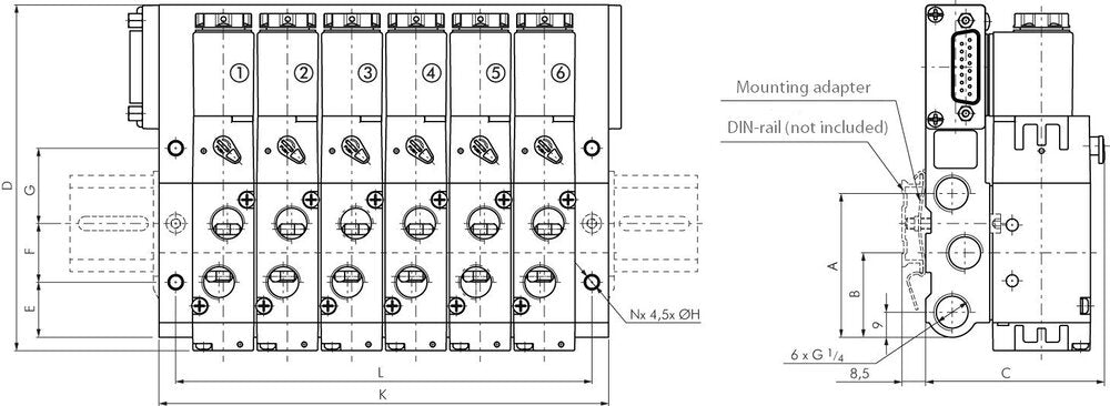 G1/4'' 4x Pneumatisch Ventiel Terminal 24V DC 1,5-8bar/21,0-112psi Meerpolig E.MC