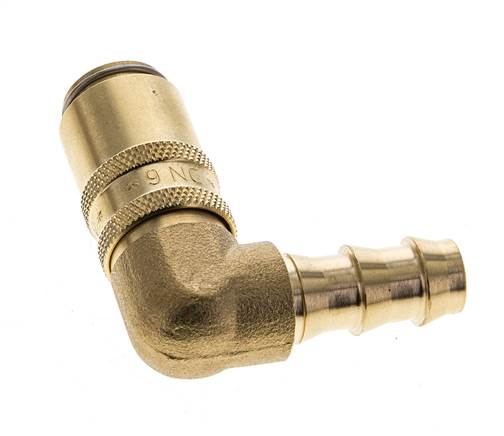 Messing DN 6 Tempereerkoppeling Snelkoppeling 9.5 mm Slangpilaar Dubbele afsluiting 90-deg