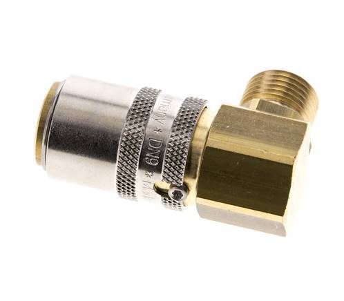 Brass DN 9 Mold Coupling Socket M16x1.5 Male Threads Unlocking Protection 90-deg