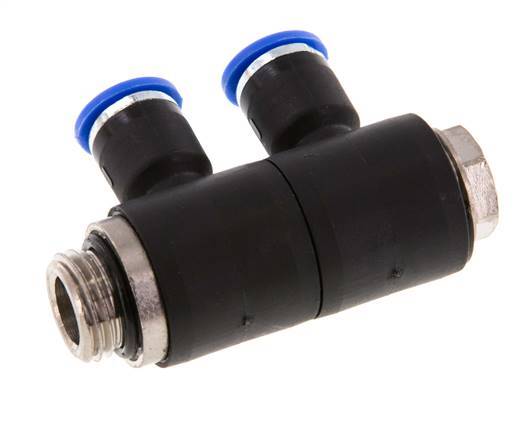 6mm x G1/4'' 2-way Manifold Messing/PA 66 Insteekfitting Buitendraad Draaibaar NBR