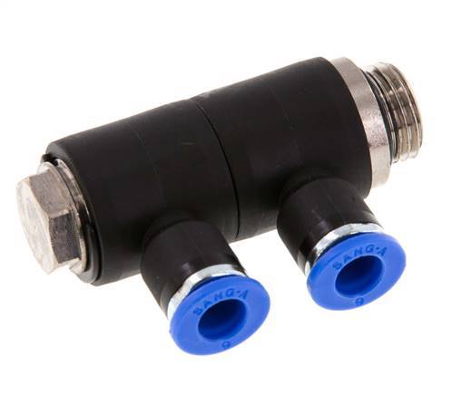 6mm x G1/4'' 2-way Manifold Messing/PA 66 Insteekfitting Buitendraad Draaibaar NBR