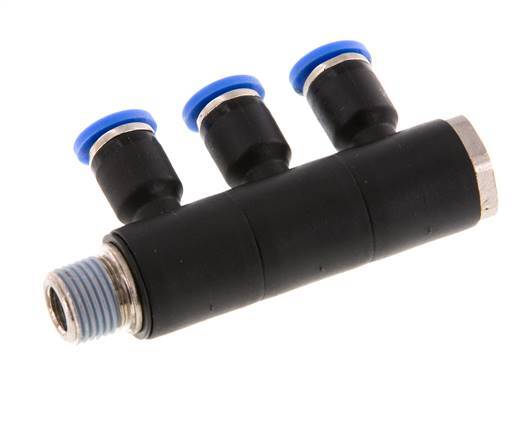 4mm x R1/8'' 3-way Manifold Messing/PA 66 Insteekfitting Buitendraad Draaibaar NBR