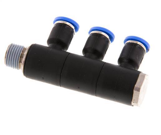 4mm x R1/8'' 3-way Manifold Messing/PA 66 Insteekfitting Buitendraad Draaibaar NBR