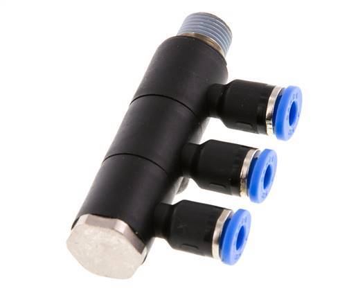 4mm x R1/8'' 3-way Manifold Messing/PA 66 Insteekfitting Buitendraad Draaibaar NBR