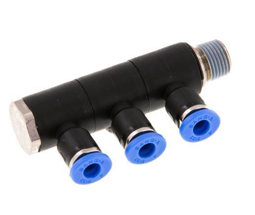 4mm x R1/8'' 3-way Manifold Messing/PA 66 Insteekfitting Buitendraad Draaibaar NBR