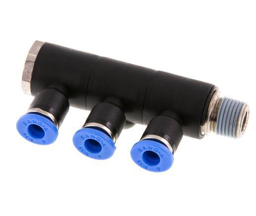 4mm x R1/8'' 3-way Manifold Messing/PA 66 Insteekfitting Buitendraad Draaibaar NBR